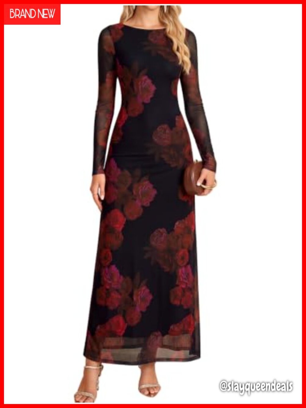 Long Sleeve Floral Mesh Bodycon Maxi Dress Wedding Guest Cocktail